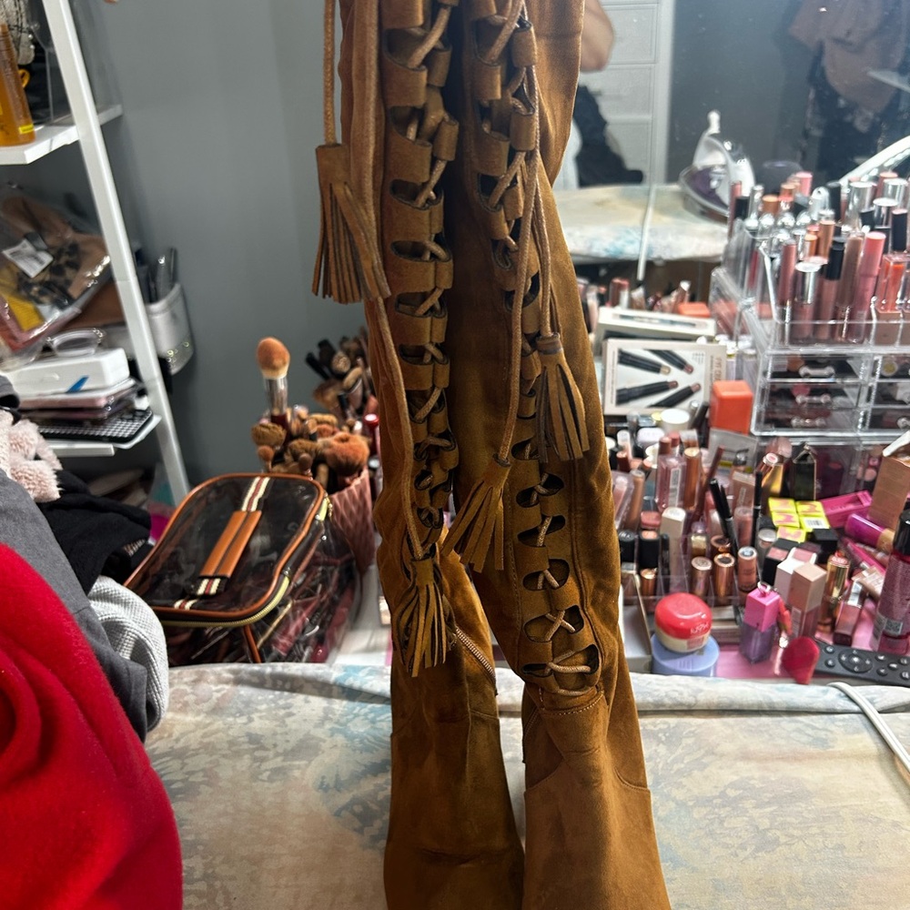 Hot Kiss Brown Heeled Boots with Tassel Detail